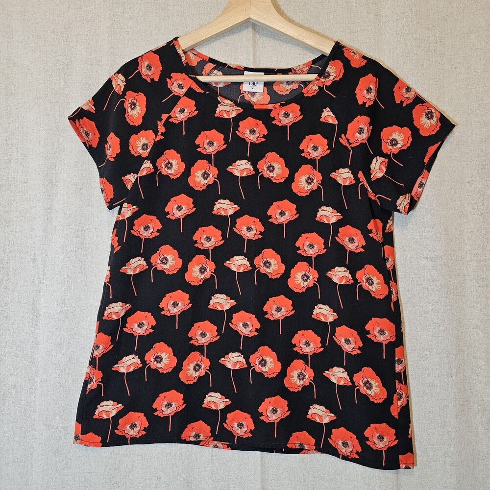 CABI Flanders Top Red Poppy Print Floral Blouse Short Sleeve Back Faux Wrap XS